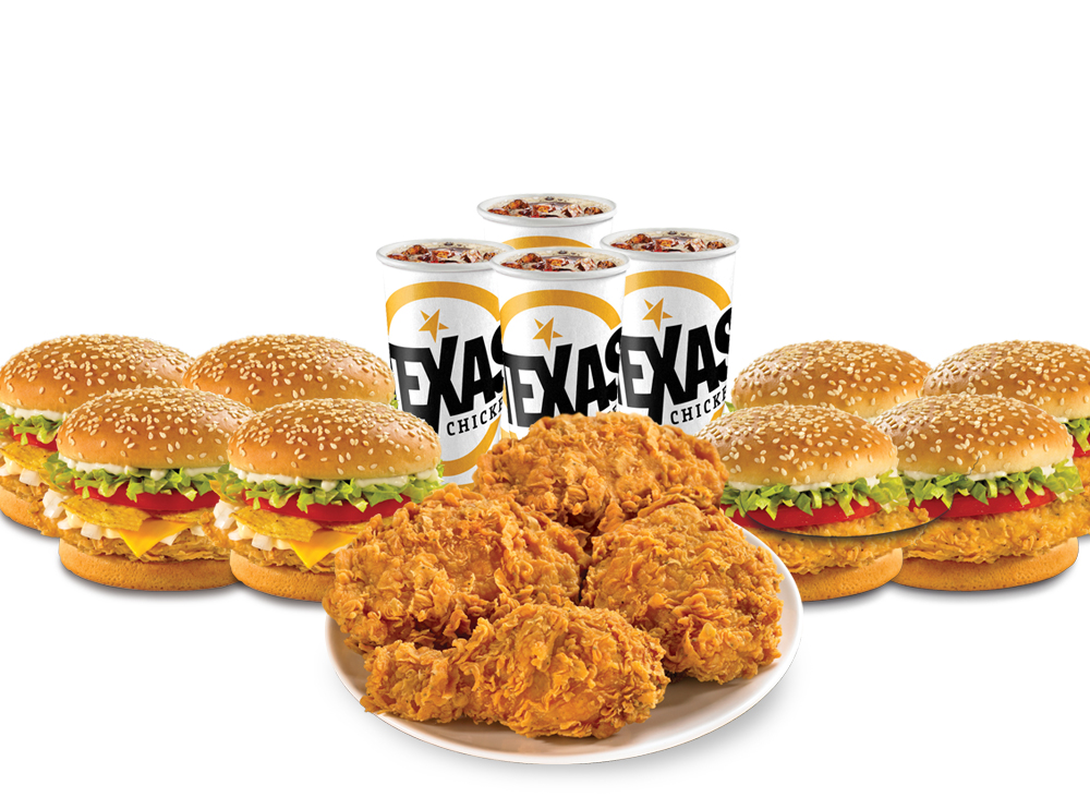 4 PCs chicken & 4 Maxicana burgers or 4 Tex Supreme Burgers with 1.5 litter drink